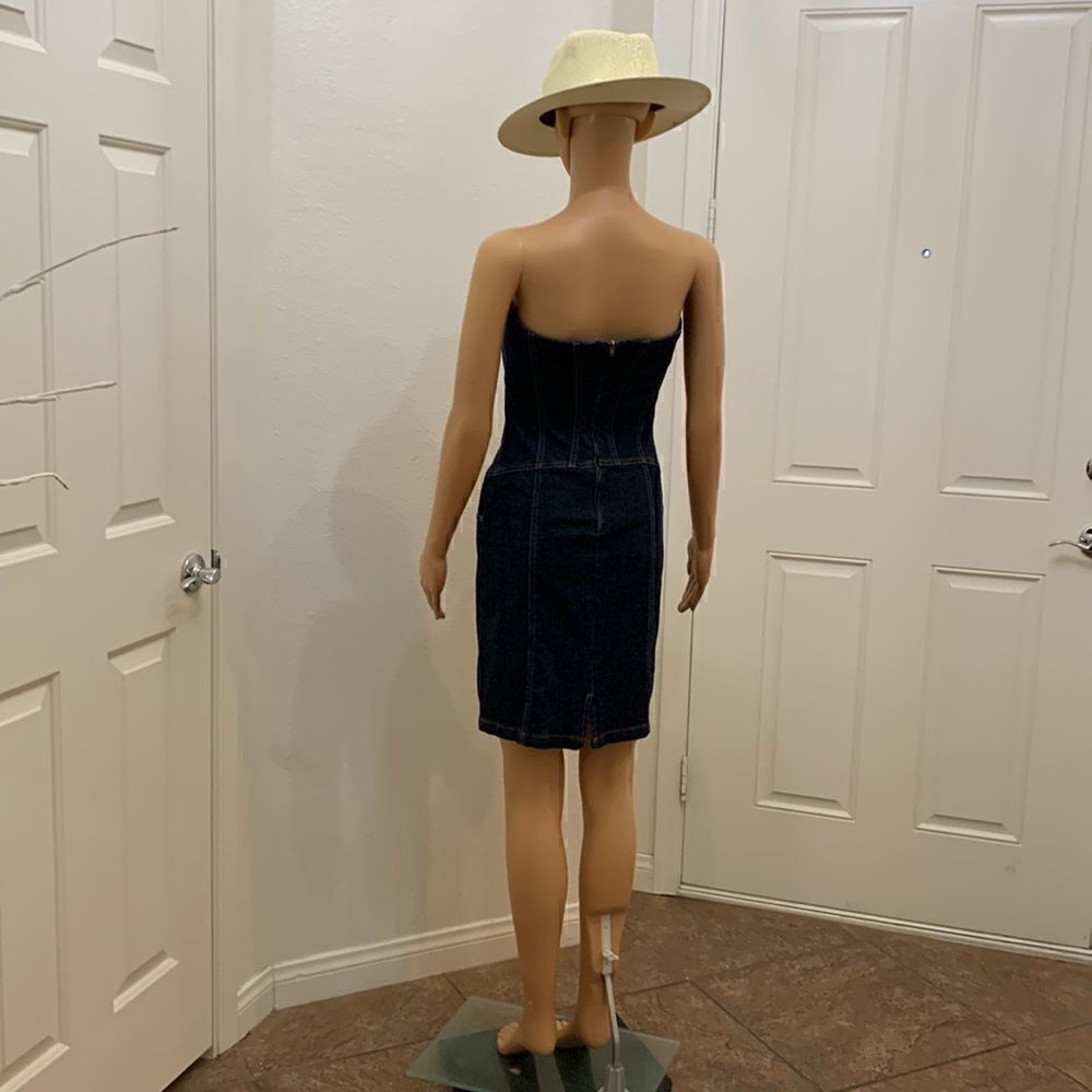 Premise Denim Blue Gold Strapless Pockets Zippered Back Woman’s Dress - Picture 10 of 16